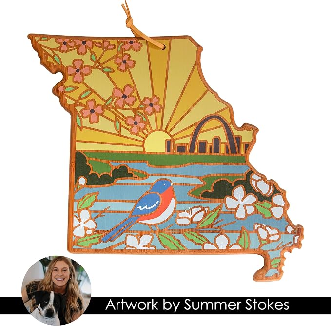 Totally Bamboo Missouri State Shaped Cutting Board, Summer Stokes Art | State charcuterie board with colorful hand-drawn landscape art. Smooth reverse side for food prep. Hang tie for wall display.