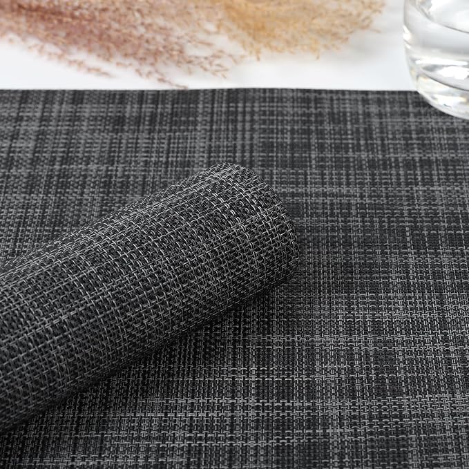 Myir JUN Placemats Set of 10 Kitchen and Dining Table Placemats | Vinyl Placemats Place Mats Indoor/Outdoor Set of 10 Washable Table Mats Non-Slip Place mats for Dining Table, Dark Gray-black