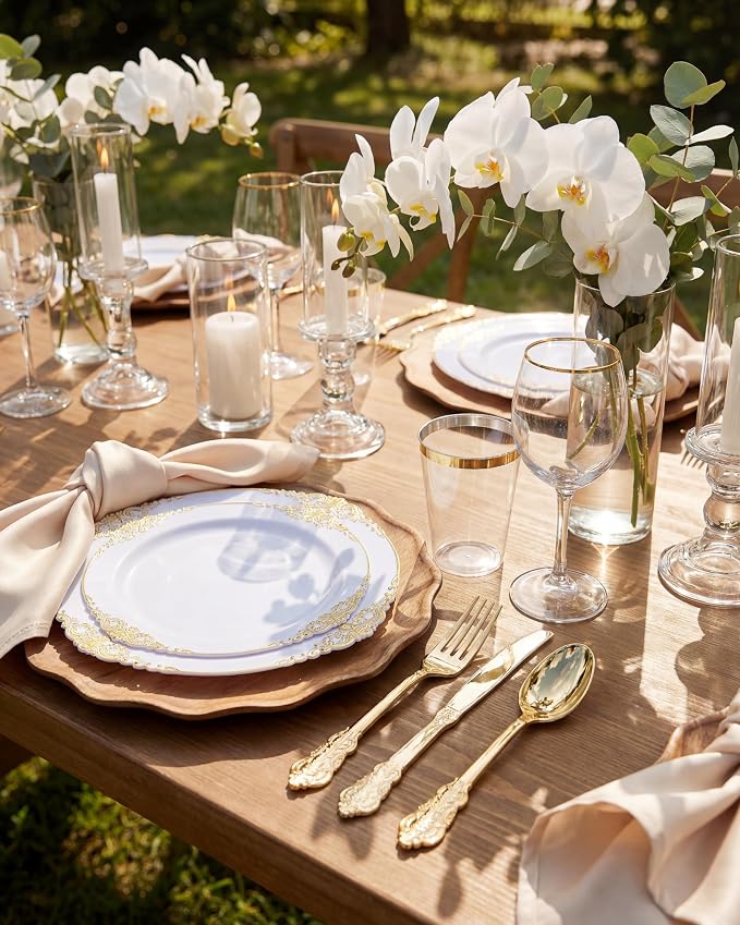 Nervure 700Pcs Gold Plastic Plates, Plastic Dinnerware Set for 100 Guests | 100 7.5" Dessert & 100 10.25" Dinner Plastic Plate, 300 Silverware, 100 10oz Cups, 100 Napkin for Wedding & Party, BPA-free