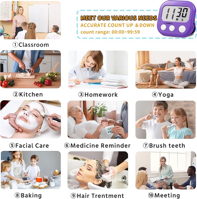 Timer for Kids Digital Kitchen Timers for Cooking- 2 Pack Blue Purple | Countdown Timer for Classroom Study Exercise Teacher Supplies, Strong Magnetic, Loud Alarm, Large Screen, Fast Reset, Memory