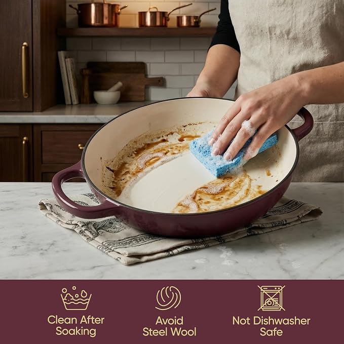 3 Quart Enameled Cast Iron Braiser, Non Stick Enameled Cast Iron Skillet with Lid, Dutch Oven Skillet with lid up to 500°F for Oven, Stove, Grill, Shallow Dutch Oven for Cook, Bake (Fig)