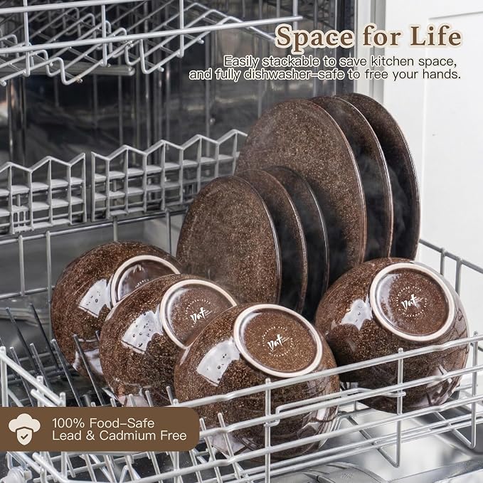 Plates and Bowls Sets, 12 Pieces Dark Blue Dinnerware Sets for Kitchen, Reactive Glaze Dishes Set for 4, Dishwasher and Microwave Safe, Series Starflecked Shore(Brown)