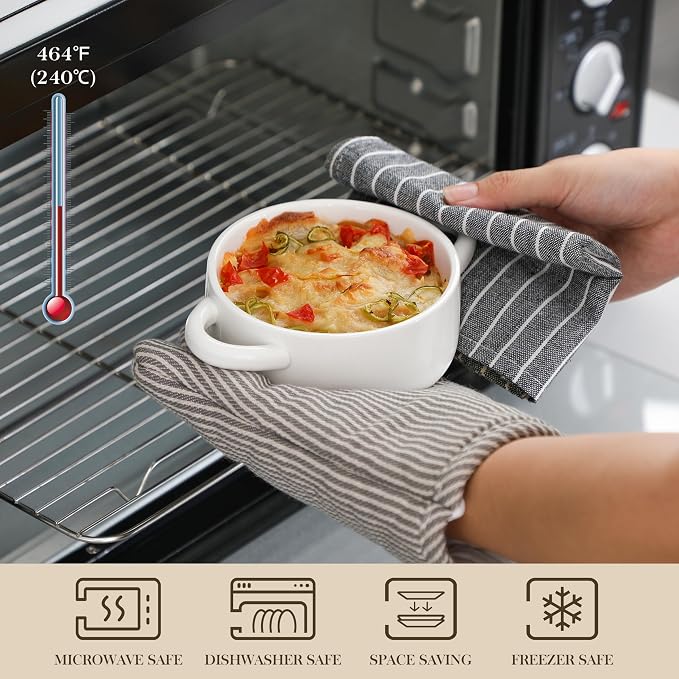 MALACASA Mini Cocotte Set of 4, 14 OZ Ceramic Casserole Dishes with Lids | Single Serving Small Dutch Oven Set, Lasagna, Soufflé, French Onion Soup, Pudding, Oven, Dishwasher Safe with Handles, White