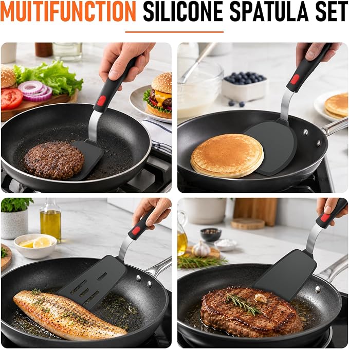 4Pcs Silicone Spatula Turner Set, Heat Resistant Silicone Spatula for Nonstick Cookware, BPA Free Kitchen Cooking Utensils Set, Flexible Spatula Turner for Flipping Eggs, Burger, Fish, Pancake