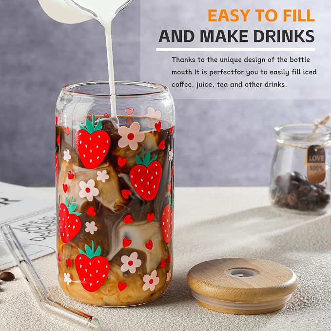 Glass Cups with Lids and Straws with Design Strawberry 4 pcs,Clear Glass Cups 16 oz-DWTS Drinking Glasses Set,Glass Tumbler,Cute Design Glass Iced Coffee Cups with Lids and Straws 480ml