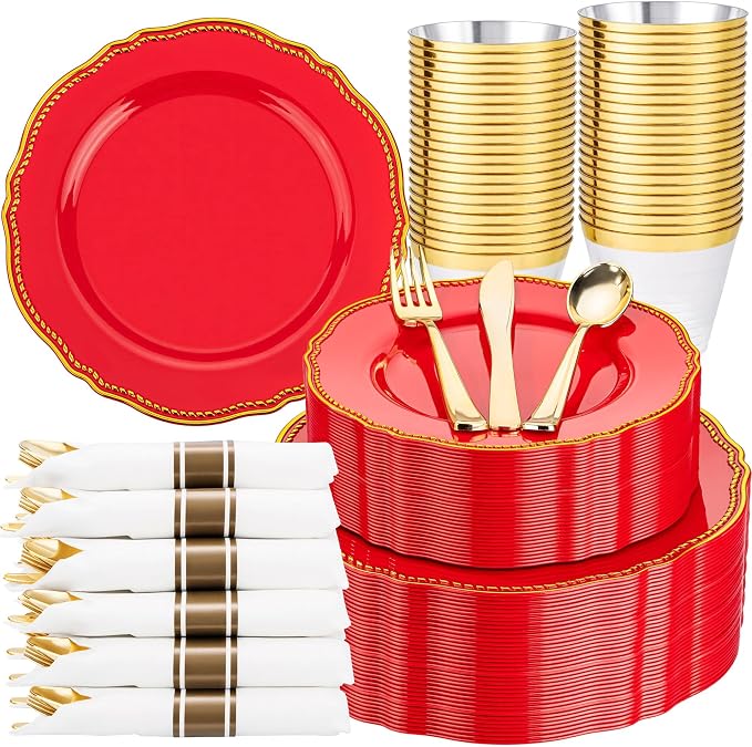 350 Pcs Red Gold Plastic Plates Wedding & Party | Red Plastic Dinnerware Set Includes 50 Dinner Plates, 50 Dessert Dinnerware, 50 Cups, 50 Pre-rolled Napkins