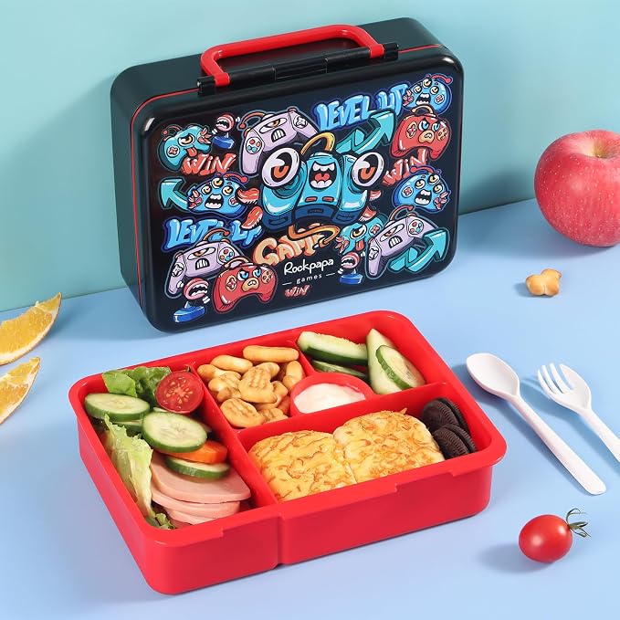rockpapa Bento Box for Kids - Large 5.5 Cups Lunch Box with Utensils - 5 Compartments, BPA-Free, Leak Proof, Portable Handle for Boys Girls, Microwave/Dishwasher Safe (Black Games)