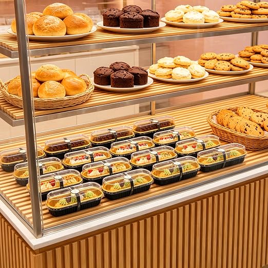 NPLUX Loaf Pans with Lids, 50 Pack Black Gold 6.8oz for Weddings | Use for cake slices, loaf cuts, tiramisu and truffle layers; clear top helps buyers see the finished look.