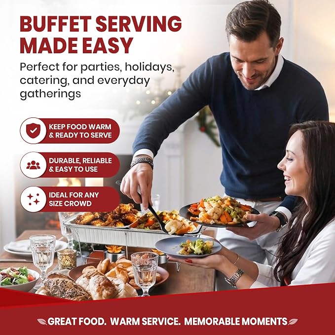 Disposable Chafing Dish Buffet Set, 33 Piece of Chafing Servers with Food Warmers, Covers, Full-Size Food Pans, Water Trays, Serving Utensils, Foil Lids and 2.5Hr Fuel Cans for Parties, Catering