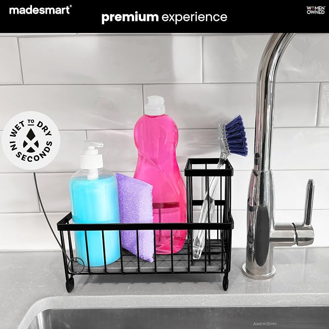 madesmart Drying Stone Sink Caddy with Brush Holder, Black | diatomite tray, fast drying surface open airflow, soap sponge area, cleaning tools, woman owned