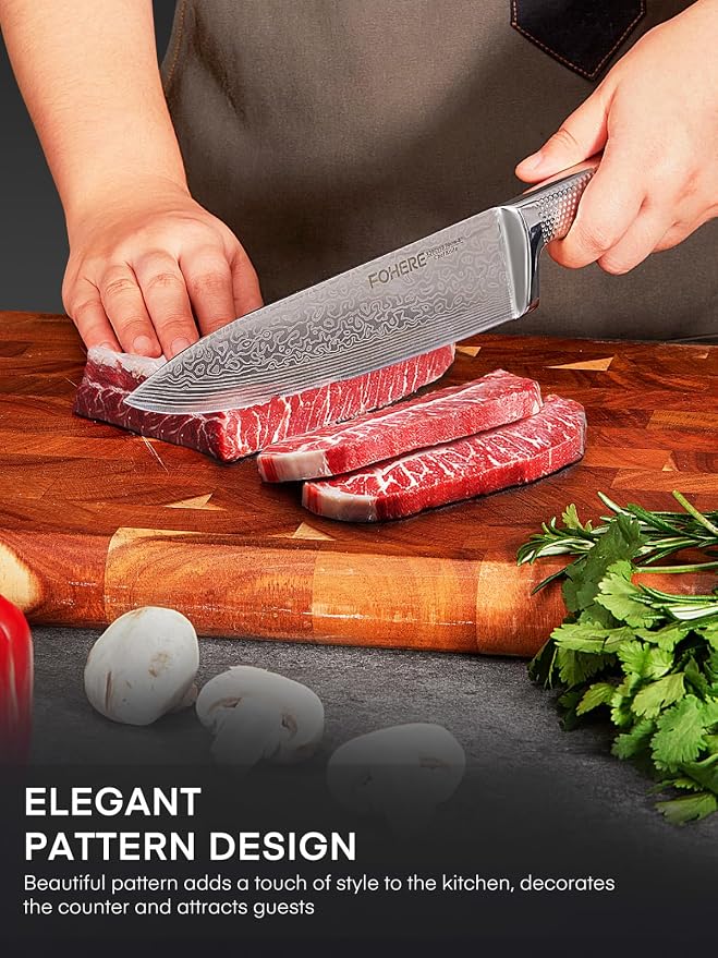 Knife Set, FOHERE 7 Pieces Kitchen Knife Set with Built-in 5 x Sharpeners, Waved Texture Knife Set with Block, Stainless Steel Knife Block Set, Sharp Knives Set with Ergonomic Handle