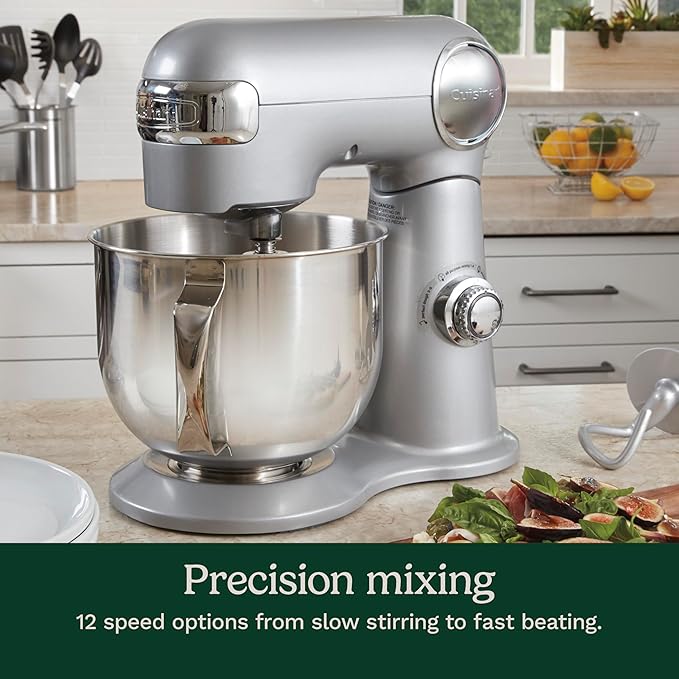 Cuisinart Stand Mixer, 12 Speeds, 5.5-Quart Mixing Bowl, Chef's Whisk, Flat Mixing Paddle, Dough Hook, and Splash Guard with Pour Spout, Silver Lining, SM-50BCNAS, Silver Lining | Stand mixer includes whisk, paddle, dough hook, splash guard with pour s...