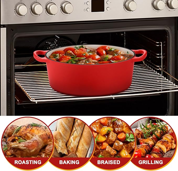 E-far 7QT Oval Dutch Oven Pot with Lid, Enameled Cast Iron Dutch Oven with Dual Handles for Sourdough Bread Baking Cooking, Nonstick Enamel Coated Cookware(Red), Non-Toxic & Easy Clean