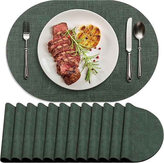 Placemats Set of 12 - Washable Heat Resistant Table Placemats - Wipeable Faux Leather Oval Place Mats, Waterproof Table Mats for Dining Table, Green