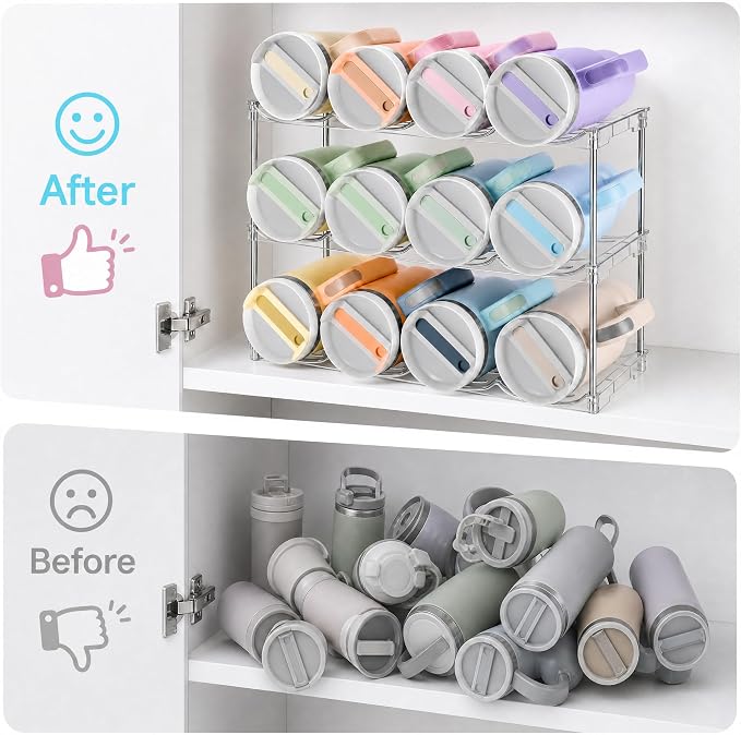 Stackable Water Bottle Organizer for Cabinet for Stanley 40 oz Tumbler | Large Compartment Tumbler Organizer, Stanley Cup Organizer Holder, Kitchen Countertop Organization & Storage, 3 Pack