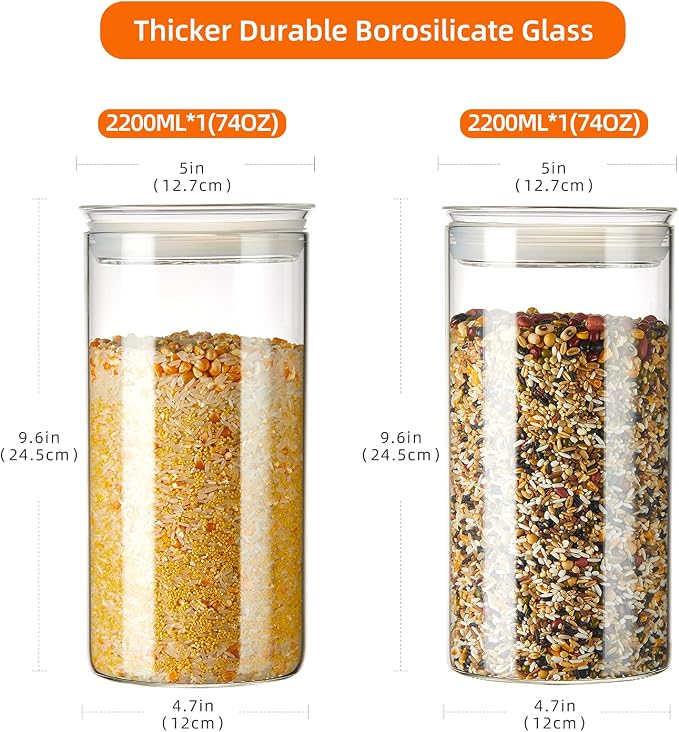 ZENS 74oz Glass Canisters with Airtight Lid, 2 Large Storage Containers | Thick Borosilicate Glass Jars with Airtight Lid, Wide Mouth Food Storage Jars for Kithen Pantry Baking Flour, Rice