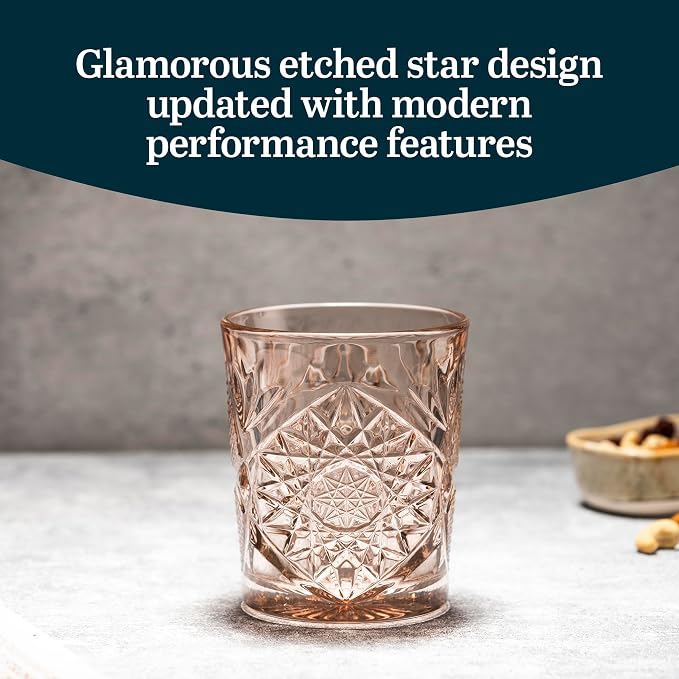 Libbey Hobstar Double Old Fashioned Glasses,Rose Colored Cut Glass Drinking Glasses Set of 4, Durable, Vintage Whiskey Glasses for Cocktail, Drinks