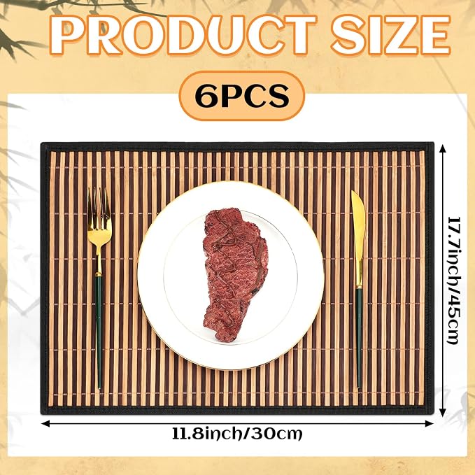 Pickmesh Bamboo Placemats Set of 6, Bamboo Table Mats Set with Fabric Border,18'' x 12'' Woven Placemat, Japanese Style, Washable Heat Resistant Place Mats for Kitchen and Dining Room