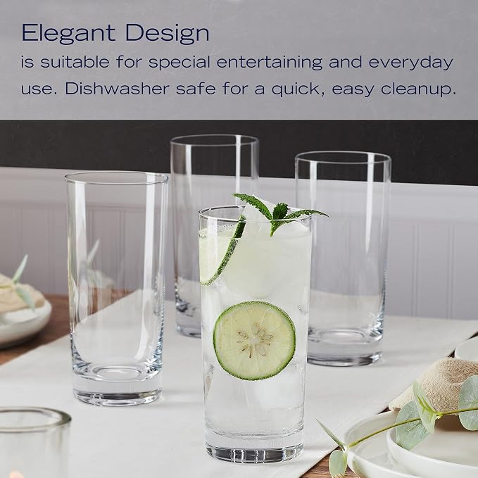 Mikasa Lana Tall Beverage Highball Glass Cups, Set of 4, 16 Ounce, Clear