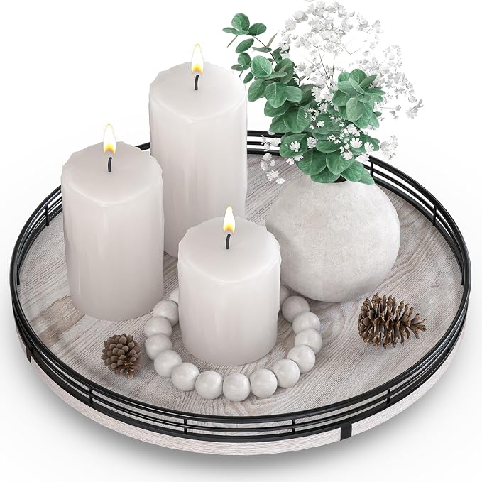 AMH 12-Inch Whitewashed Farmhouse Lazy Susan Tray with Black Metal Frame | Smooth rotating oak tray with walnut finish for dining tables, kitchen counters, pantries and cabinet storage.