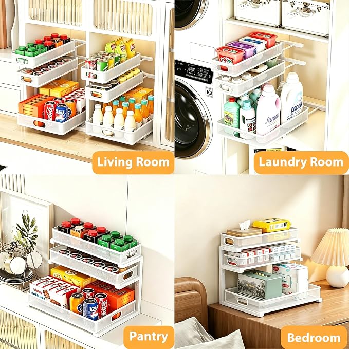 2 Pack Under Sink Organizer, 3-Tier Pull Out Kitchen Cabinet Organizer with 5 Adjustable Heights Metal Slide Out Bathroom Storage Makeup Drawer Rack for Bedroom Office Pantry Home Organization, White
