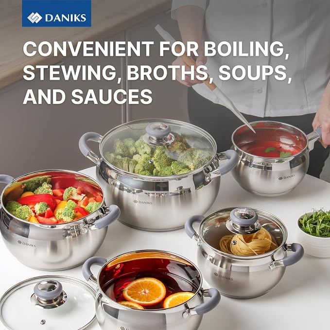 Daniks Modern 11-Piece Stainless Steel Cookware Set with Glass Lids, Includes Saucepan and Frying Pan with Lid, Tri-Ply Bases for Even Heating, Induction Compatible, Dishwasher Safe, Heatproof Handles