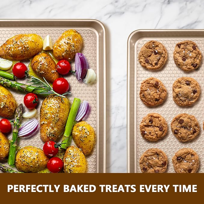 Wildone Baking Sheet Pan Set of 2, Honeycomb Embossed Nonstick Cookie Sheet | Thicker Carbon Steel Jelly Roll Pan Oven Tray 15x10 Inch, Heavy Duty & Easy Clean, Champagne Gold