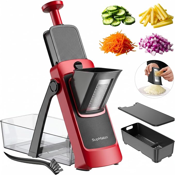 SupMaKin Safe Mandoline Slicer for Kitchen,Pptato Slicer, Vegetable Onion Chopper, French Fry Cutter, Adjustable Thickness, Julienne & Dicer Salad Chopping Artifact (4V RED)