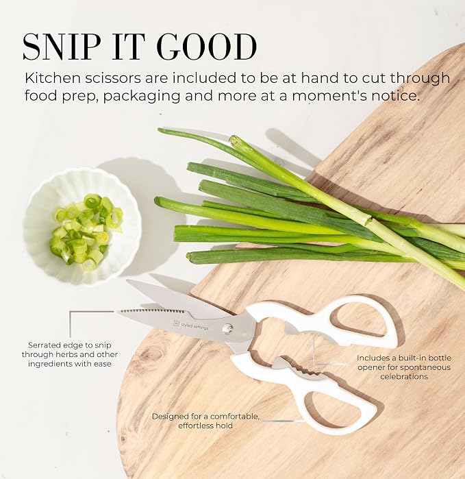 Styled Settings White Knife Set with Block and Sharpener, 14-Piece | High Carbon Stainless Steel Knives with Ashwood Block and Built-In Sharpener - Durable White Kitchen Accessories for Cooking