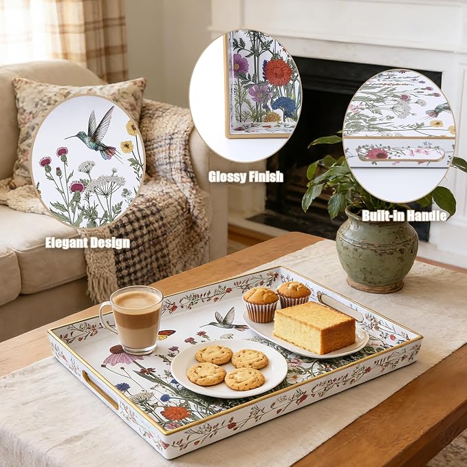 Serving Tray with Handles, Rectangular Plastic Tray 15.75x11.81 Inch, Wildflower, Butterflies & Hummingbirds Style Decorative Tray for Kitchen, Dining Table, Vanity, Office & Home