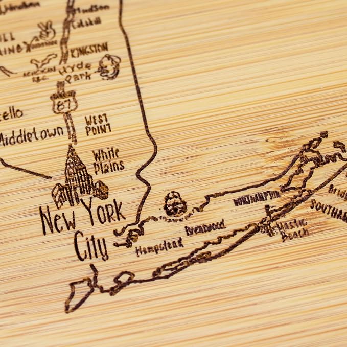 Totally Bamboo A Slice of Life New York Engraved Map Cutting Board | 11” x 8.75” charcuterie board with engraved state map artwork. Smooth reverse side for food prep. Hang tie for wall display.