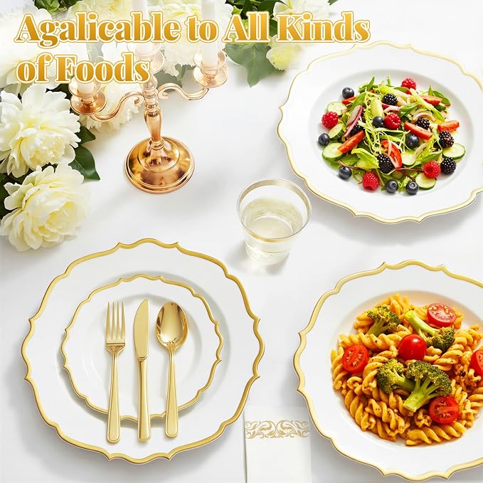 Glowserve 175 Piece Disposable Plastic Plates Dinnerware Set for 25 Guests | 50 Plastic Plates,25 Silverware Set,25 Cups and Napkins,Wedding Birthday,Family Party,Fancy Plastic Plates