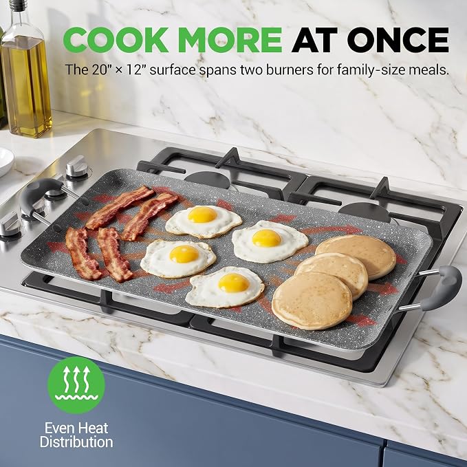 NutriChef Double Burner Griddle | Flat Top Griddle for Stove Top | Nonstick marble-coated griddle pan with extra-large easy to clean cooking surface, perfect for pancakes and tortillas