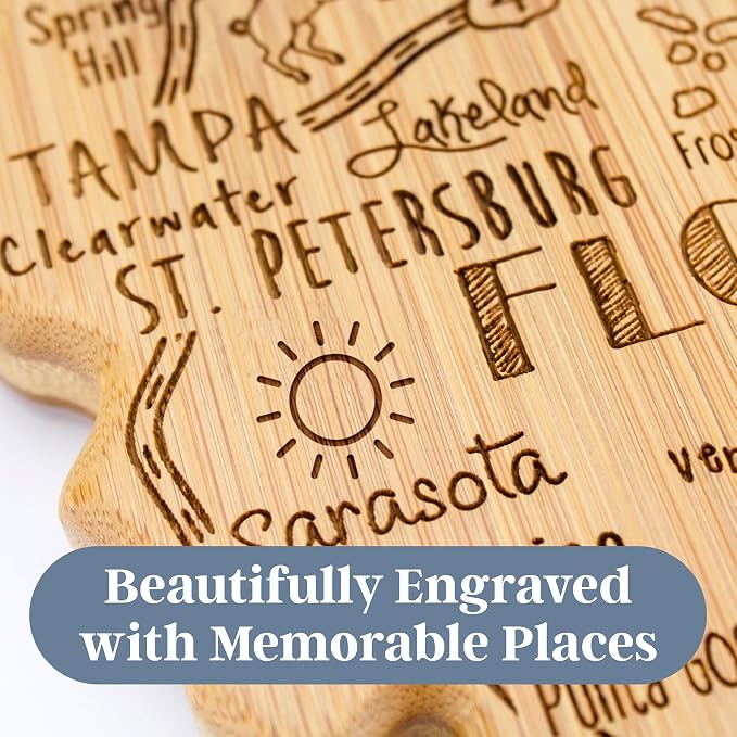 Totally Bamboo Destination Florida State Shaped Cutting Board | State charcuterie serving board with engraved map artwork. Smooth reverse side for food prep. Hang tie for wall display.