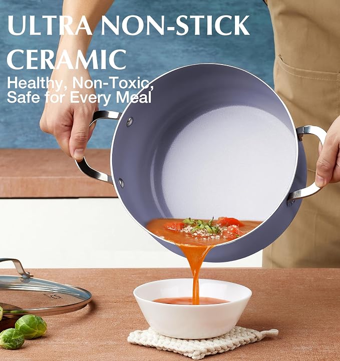 KOCH SYSTEME CS 6 Quart Nonstick Stock Pot with Lid, 6 QT Nonstick Ceramic Stockpot with Stainless Steel Handle, Induction Cooking Pot for Soups, Casserole, Soup Pot, Even Heating, Oven Safe, Purple