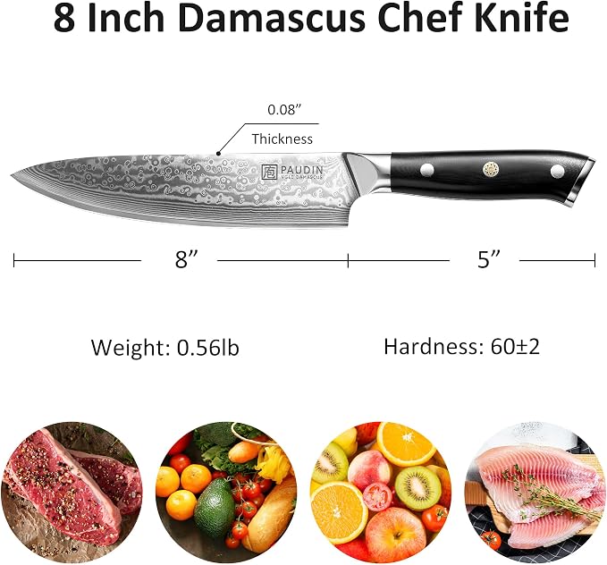 PAUDIN Chef Knife 8 Inch, Damascus Kitchen Knife with G10 Handle | 67-Layer Japanese VG10 Steel Core , Razor Sharp Japanese Chef Knife for Home, Restaurant