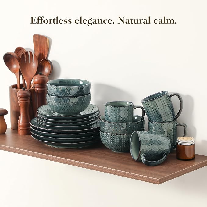MALACASA 16 Pieces Dinnerware Sets, Farmhouse Plates and Bowls Sets, Embossed Green Dish Set for 4, Vintage Relief Ceramic Dish Set with Mugs, Microwave and Dishwasher Safe, Series LYDIA