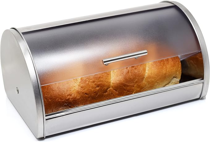 Stainless Steel Bread Box for Kitchen Countertop | Bread Holder Bin, Frosted Acrylic Roll Top Lid