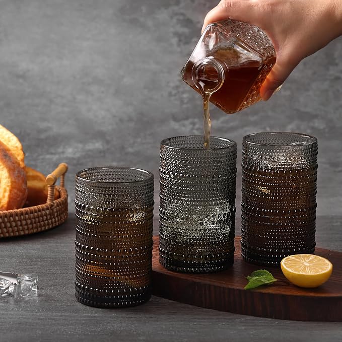 Moretoes 15oz Gray Hobnail Drinking Glasses Set of 6 | Vintage Highball Glass Cups, Kitchen Drinkware Glassware for Beer,Cocktail,Whiskey,Juice and Various Mixed Drinks