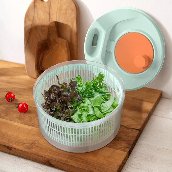 3L Salad Spinner, Manual Vegetable Washer & Fruit Dryer with Drainage Holes, Food Grade Plastic, Rotatable Kitchen Tool for Lettuce, Herbs, Greens Light Green