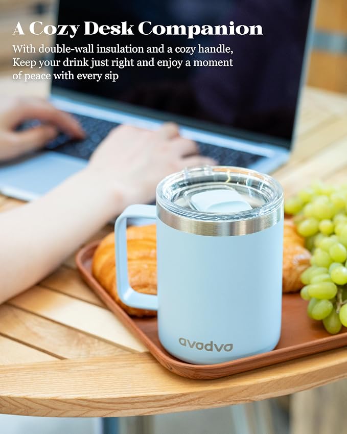 12oz Insulated Coffee Mug with Lid – Includes Two Lids, Stainless Steel Coffee Travel Mug with Handle, Double Wall Vacuum Insulated Camping Mug for Home, Office & Outdoor, Light Blue