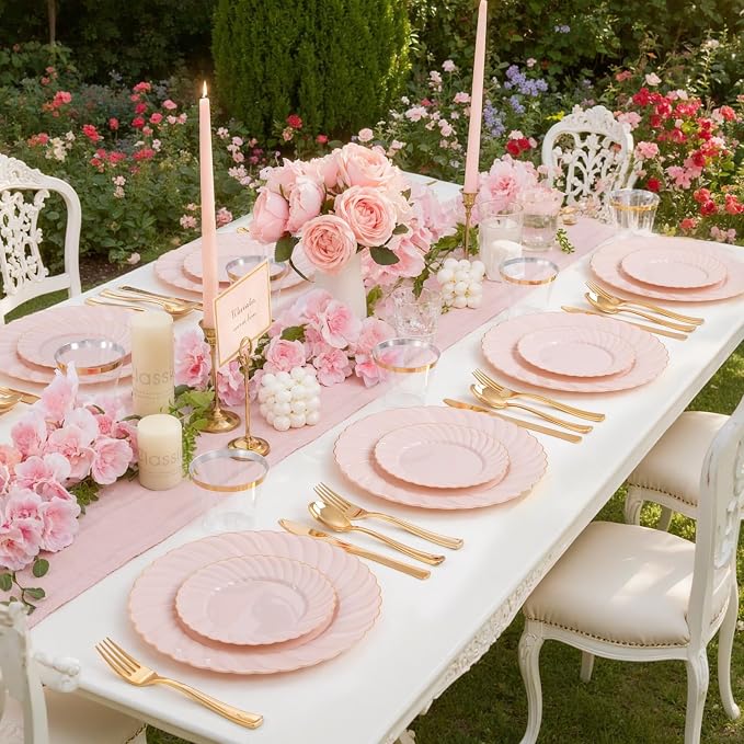 YOUBET 125PCS Pink Plastic Plates with Gold Rim for Wedding Birthday Party | Scalloped Plastic Plates Set Includes 25 Dinner Plate, 25 Dessert Plate, 75 Gold Silverware for 25 Guests Baby Shower