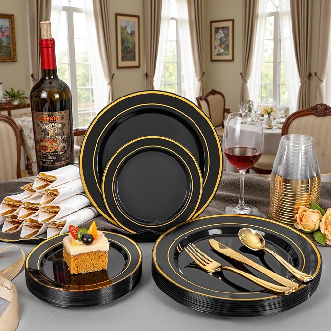175PCS Black and Gold Plates - Black Disposable Plates for Party - 25Guests Disposable Dinnerware Set for Wedding/Party/Birthday/Halloween