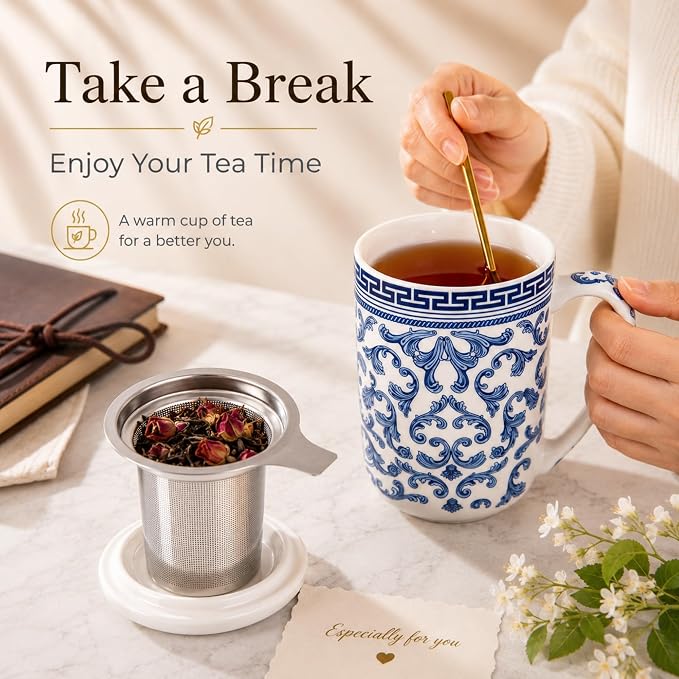 AmorArc Tea Cup With Infuser and Lid, 18oz Loose Leaf Tea Mug With Steeper | Porcelain Tea Mug With Infuser and Lid, Large Strainer Tea Cup with Lid for Tea, Coffee Mug for House-warming Birthday Gift