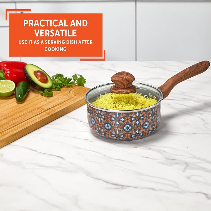 IMUSA 1.5 Qt Talavera Aluminum Black Ceramic Saucepan with Glass Lid | Ceramic Nonstick Coating, Woodlook Soft-Touch Handle with Glass Lid, Ideal for Mexican Dishes and Everyday Cooking