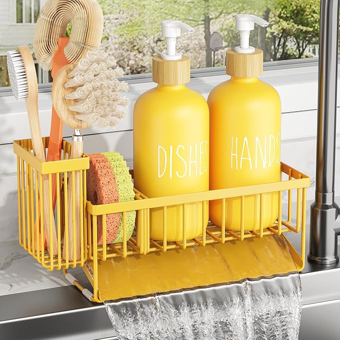 Cisily Kitchen Dish Soap Dispenser Set with 2 Pack 16.9oz Amber Glass Bottle and Sponge Holder, Dish Soap Dispensers with Adjustable Sponge Holder, Vintage Hand and Dish Soap Dispensers Set