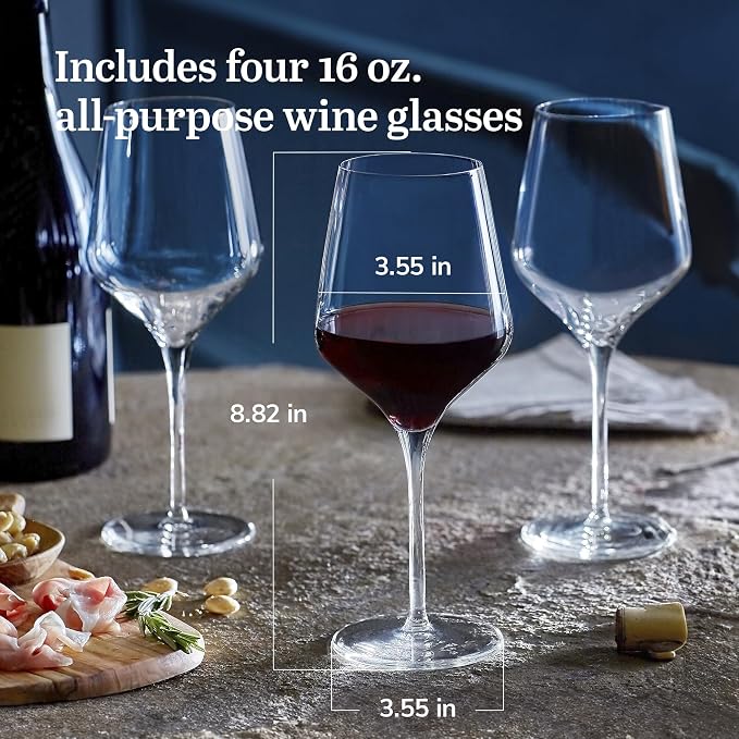 Libbey Signature Greenwich All-Purpose Wine Glasses, 16-Ounce, Set of 4, Made in USA, Dishwasher Safe, Gift Box
