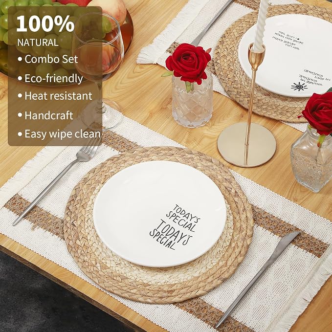 Handmade Boho Placemats Set of 4 | Natural Woven & Fabric Cotton Combo Table Mats | 8-Piece Versatile Place Mats | Rustic Farmhouse Style Dining Table Decor