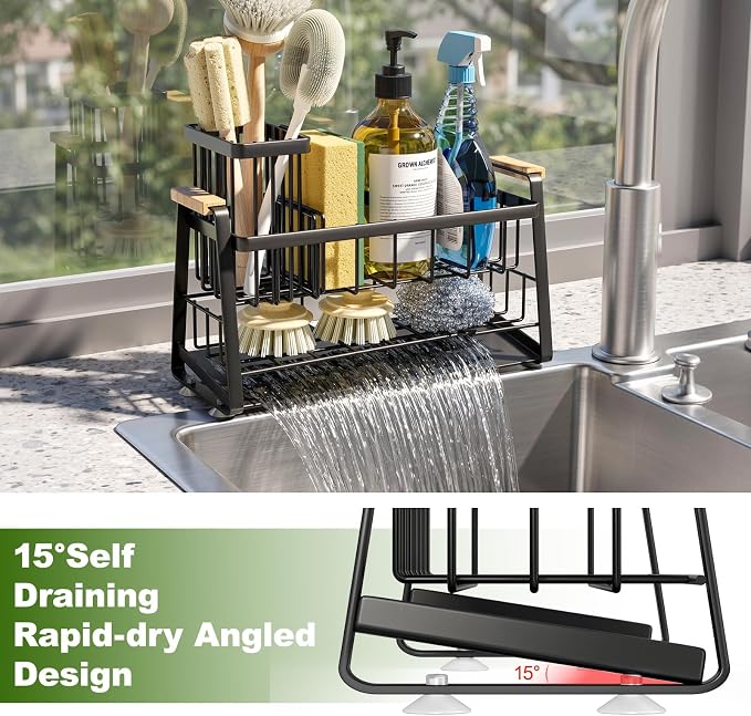 Housolution 2-Tier Sponge Holder for Kitchen Sink Caddy with Brush Holder | Auto-Draining, Suction Cups, Wooden Handle , Kitchen Sink Countertop Organization Storage, Dish Soap Holder, Rustproof, Black