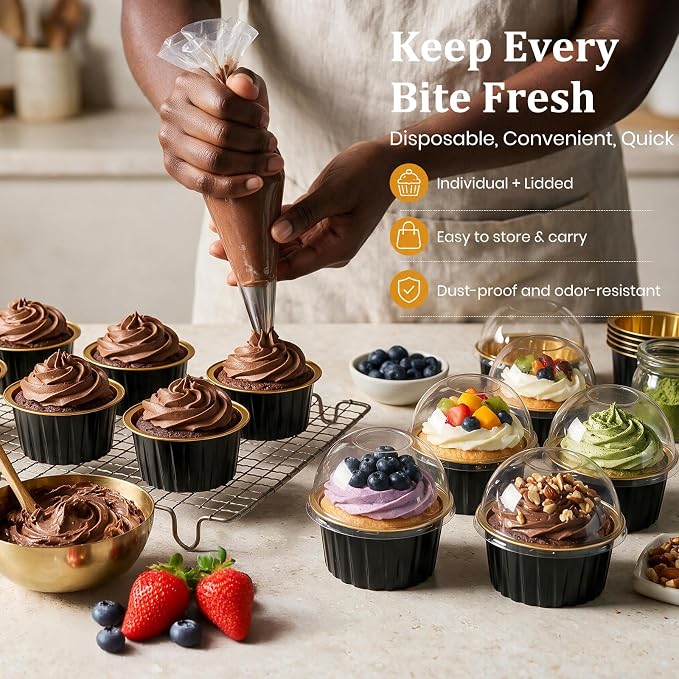 40 Pack Mini Cake Pans with Lids, 5 OZ Round Aluminum Foil Cupcake | Disposable Ramekins Muffin Tin, Cupcake Baking Cups with Lids, Mini Cake Containers Flan Molds for Wedding Birthday Party
